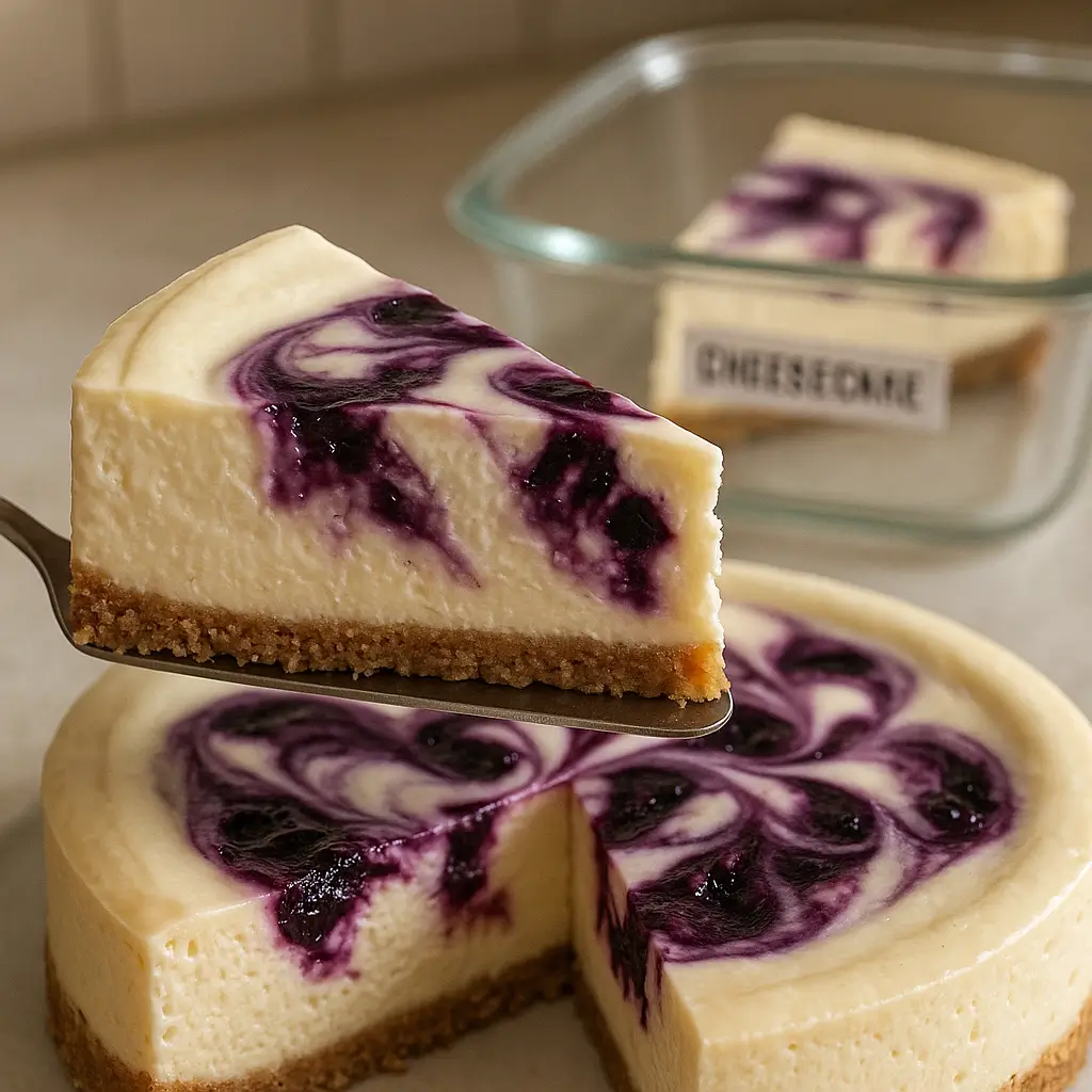 Serving a slice of white chocolate blueberry cheesecake with storage container in background