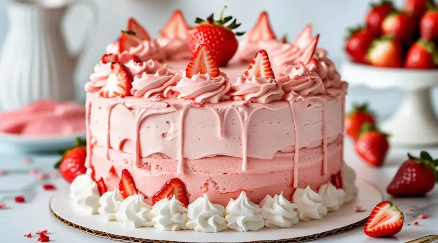 Ingredients for Strawberry Dream Cake including fresh strawberries, cake mix, cream cheese, and freeze-dried strawberry powder