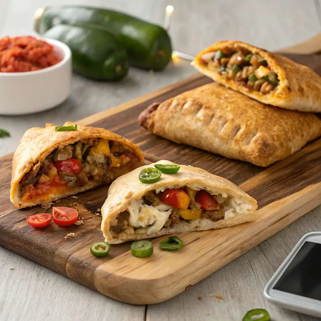 Variety of Alabama Hot Pockets showcasing different fillings: plant-based, vegetable, and spicy meat options.