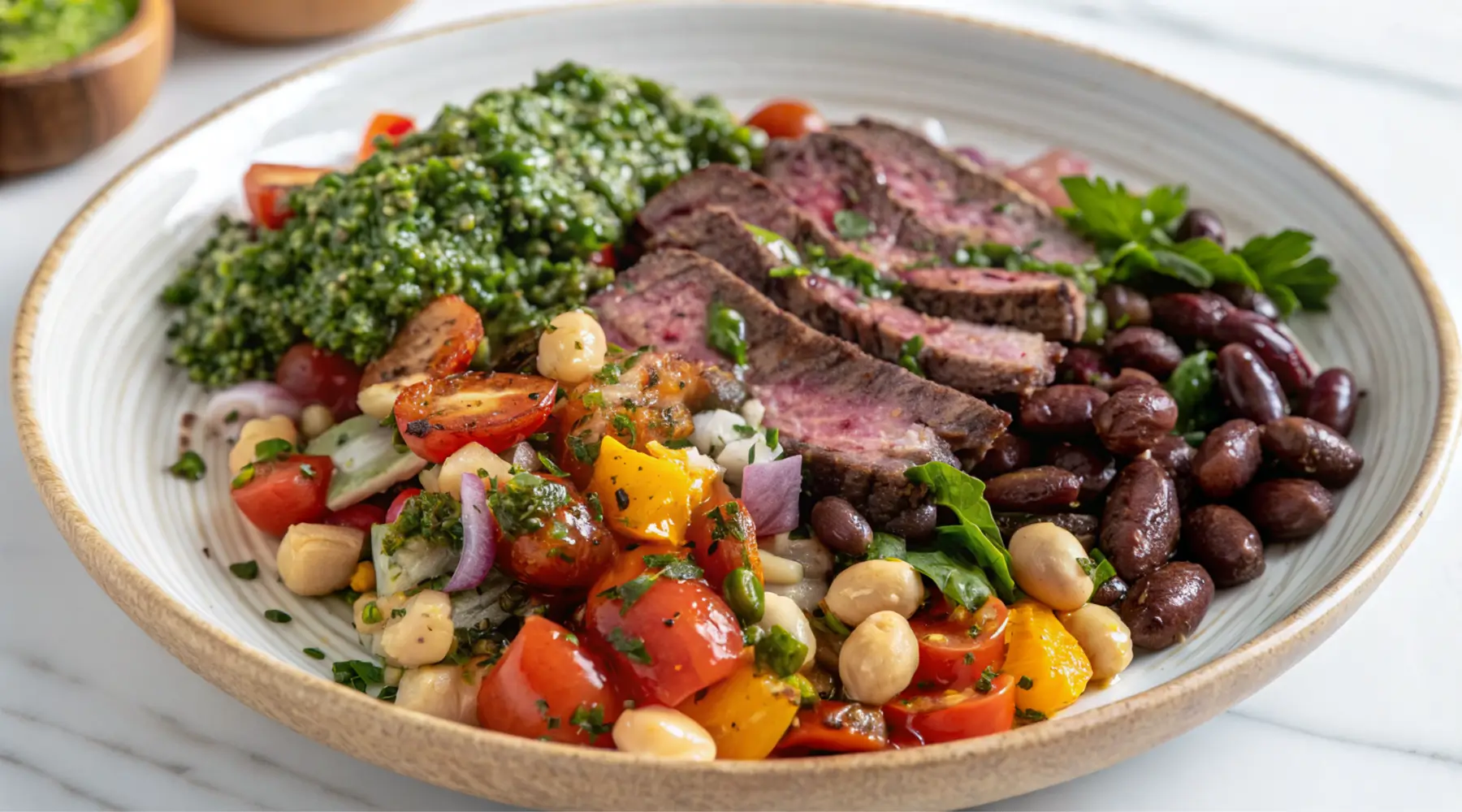 Sliced medium-rare flank steak with dense three-bean salad and fresh chimichurri sauce