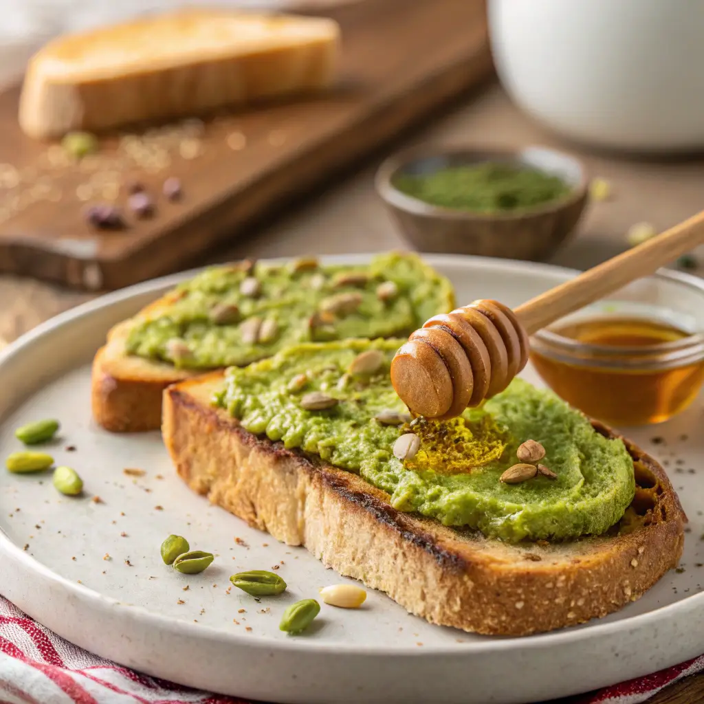 Close-up of golden toast with creamy pistachio butter and a glistening honey drizzle