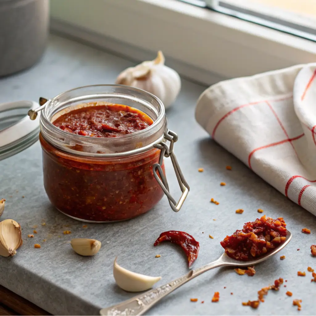 Jar of harissa paste and ingredients on a kitchen counter, showing the bold flavors behind a harissa chicken bowls.
