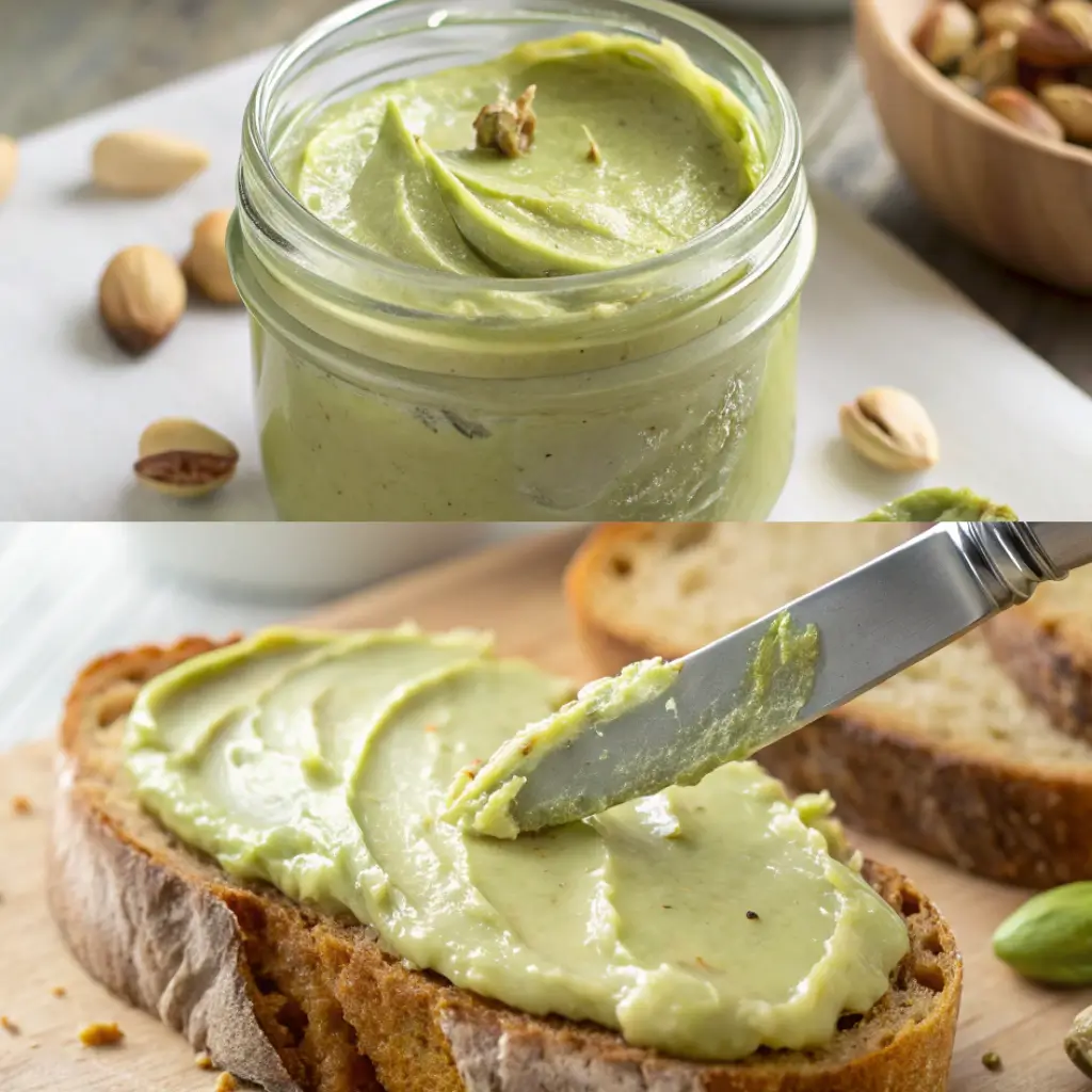 Diptych image of pistachio butter. Top: An open glass jar of creamy, pale green pistachio butter with shelled pistachios nearby. Bottom: The same pale green pistachio butter being thickly spread with a knife onto a slice of rustic bread