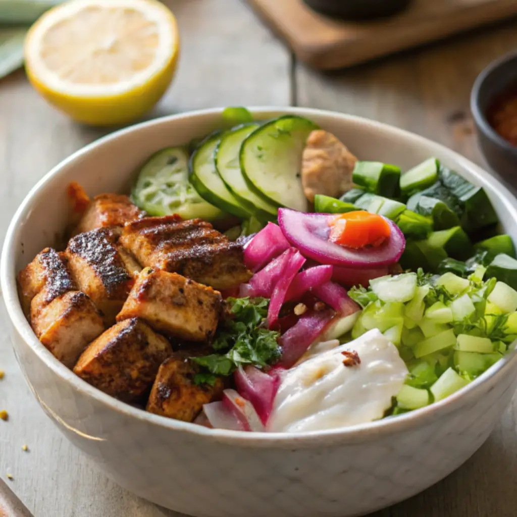 Homemade harissa chicken bowls with colorful toppings on a rustic kitchen table, sunlight casting natural shadows.