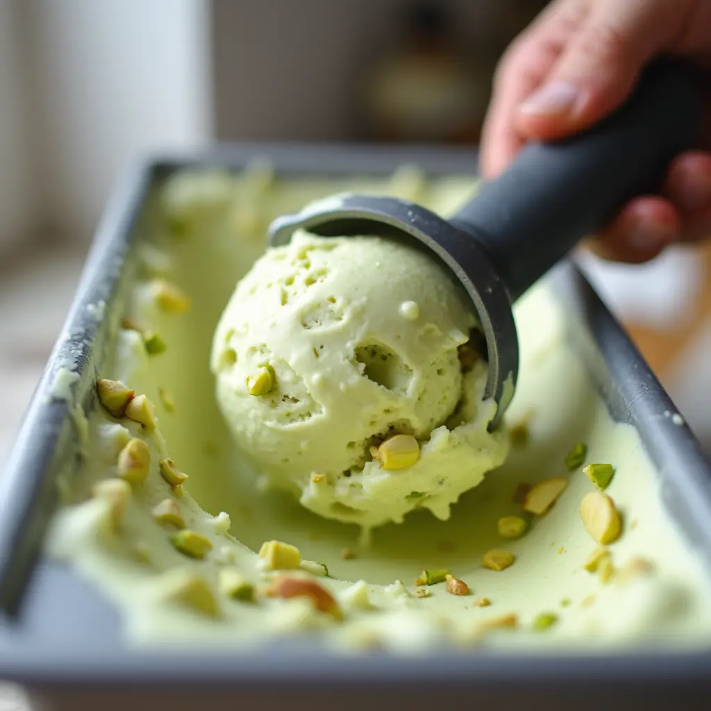 Scooping creamy pistachio ice cream recipe from an ice cream maker with visible chopped pistachios.