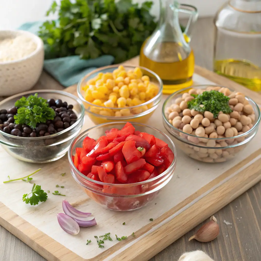 Fresh ingredients for dense bean salad with steak and chimichurri including three bean varieties, colorful vegetables, herbs, and seasonings