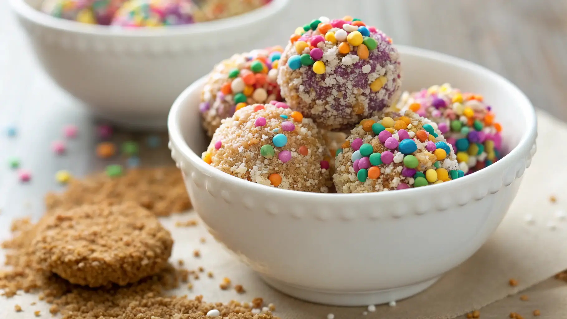 No-bake cheesecake balls recipe with cream cheese, graham cracker crumbs, and powdered sugar served on a white dish.