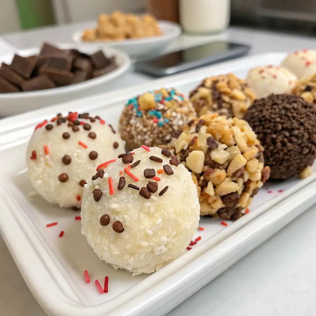 Plated no-bake cheesecake balls recipe with various toppings like sprinkles and chopped nuts