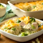 Homemade chicken broccoli rice casserole with melted cheese, tender chicken pieces, and bright green broccoli in a white baking dish