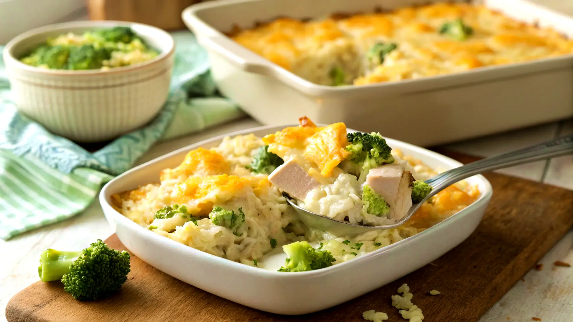 Homemade chicken broccoli rice casserole with melted cheese, tender chicken pieces, and bright green broccoli in a white baking dish