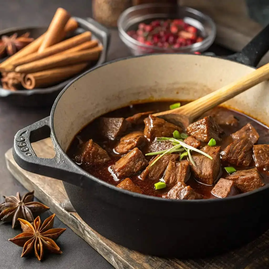 Traditional Chinese braised beef cooking method showing browning beef and simmering in aromatic soy sauce mixture