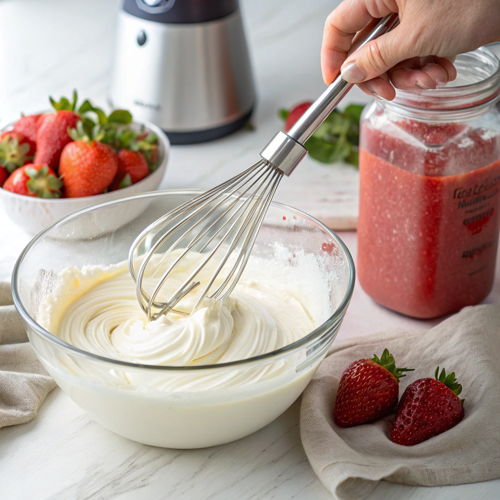 Whisking heavy cream and fresh strawberry purée being prepared for strawberries and cream ice cream base.