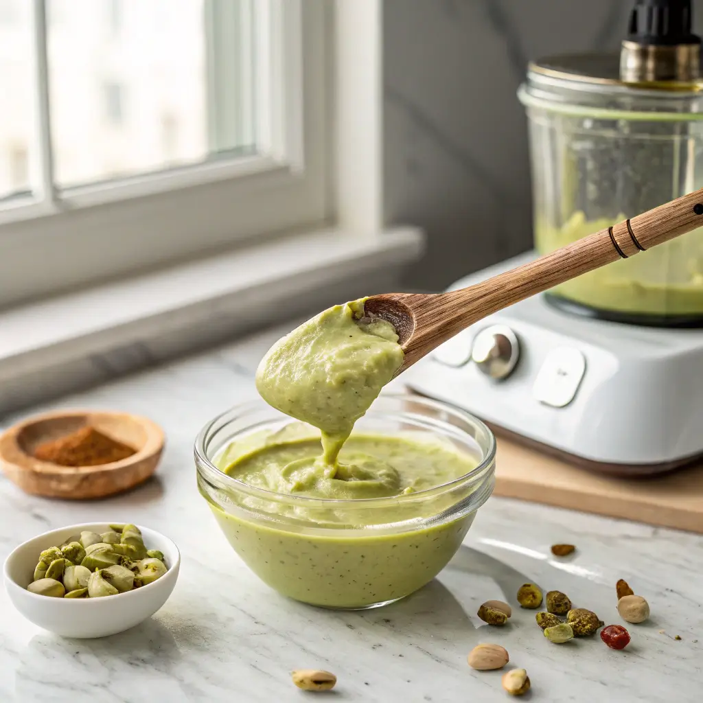Perfect consistency of homemade pistachio butter dripping from wooden spoon, showing its smooth, creamy texture