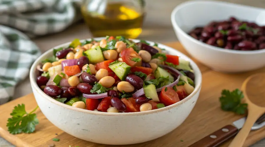 Close-up of protein-packed dense bean salad recipe with black beans, chickpeas, kidney beans, fresh vegetables, herbs, and feta cheese in white bowl