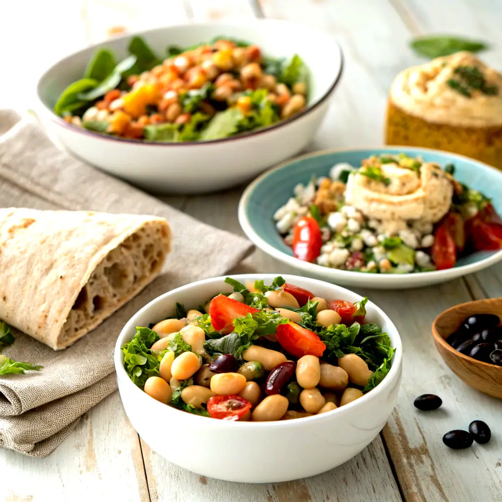 dense bean salad served three ways - in bowl with bread, as wrap filling, and as part of Mediterranean mezze plate - showcasing versatility