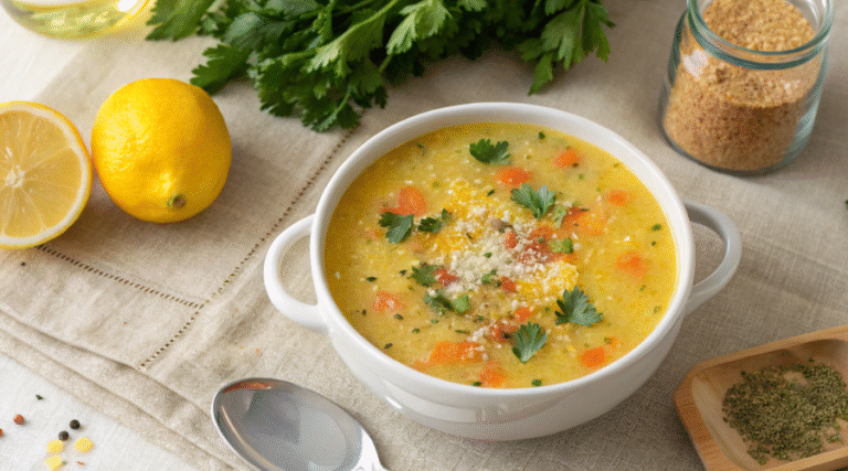 How to Make Pastina Recipe A Cozy Italian Classic Everyone Loves Homemade pastina soup in white ceramic bowl garnished with fresh parsley and cheese, surrounded by lemons, herbs, and spices on linen tableclothRetryClaude can make mistakes. Please double-check responses.