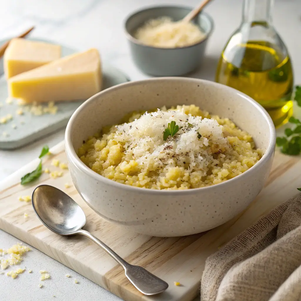 A comforting bowl of easy pastina recipe served with a drizzle of olive oil and grated Parmesan cheese.
