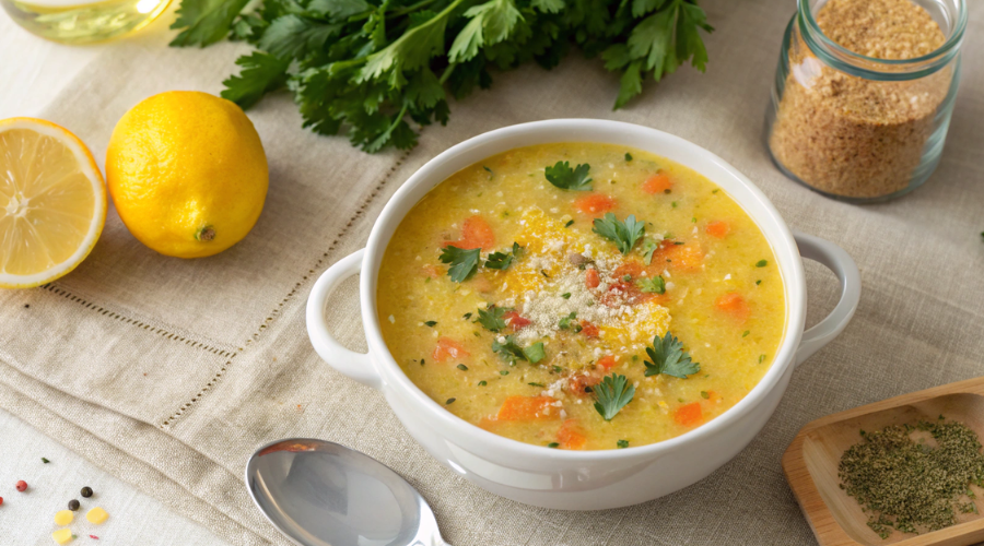 Homemade pastina soup in white ceramic bowl garnished with fresh parsley and cheese, surrounded by lemons, herbs, and spices on linen tableclothRetryClaude can make mistakes. Please double-check responses.