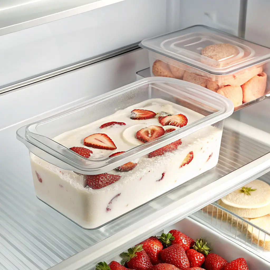 Strawberry swirled ice cream mixture in a metal loaf pan, being covered with plastic wrap before freezing, to complete the easy no-churn strawberries and cream ice cream.