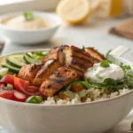 Vibrant homemade harissa chicken bowl filled with fresh toppings and set in a real home kitchen, capturing bold flavor and casual charm.
