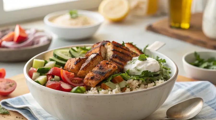 Vibrant homemade harissa chicken bowl filled with fresh toppings and set in a real home kitchen, capturing bold flavor and casual charm.