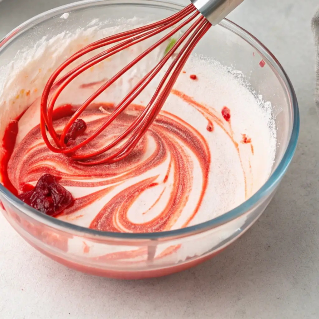 Swirling strawberry purée into cream to make the strawberries and cream ice cream mixture.
