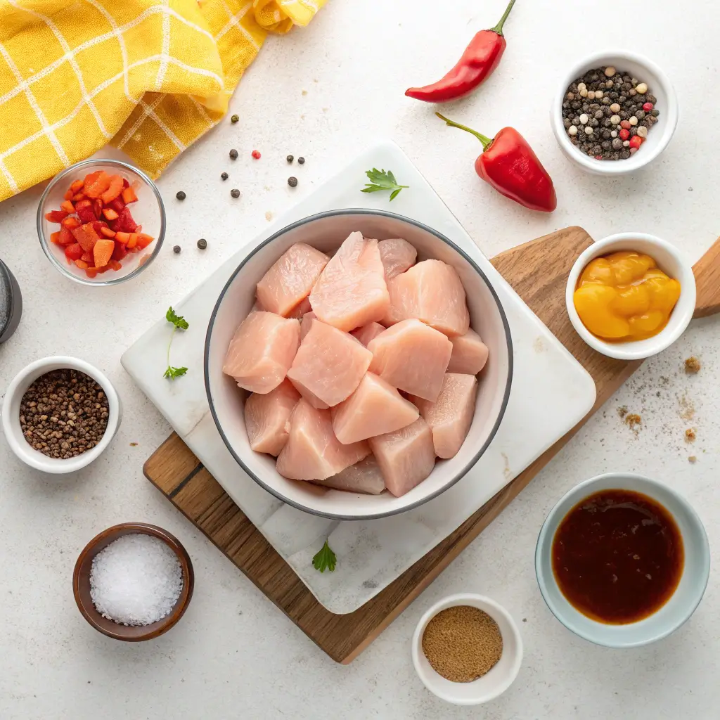 Fresh ingredients for Chick Fil A grilled nugget recipe including cubed chicken, pickle juice, and spices, displayed on a wooden board