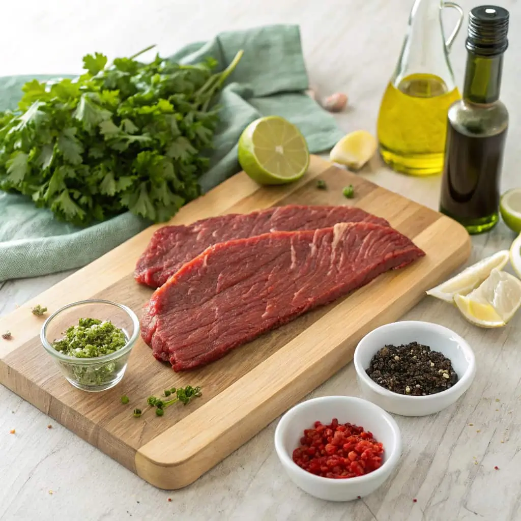 Essential ingredients for Flank Steak with Chimichurri Sauce beautifully arranged, including raw flank steak, fresh herbs like parsley and cilantro, garlic, lime, oils, vinegar, and spices