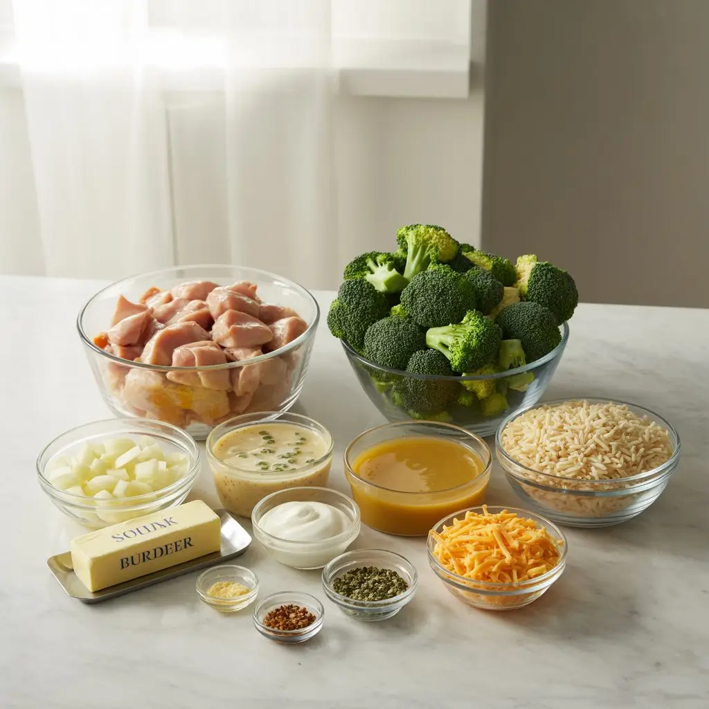 Complete ingredients for chicken broccoli rice casserole including chicken, broccoli, rice, cheese and seasonings arranged on countertop