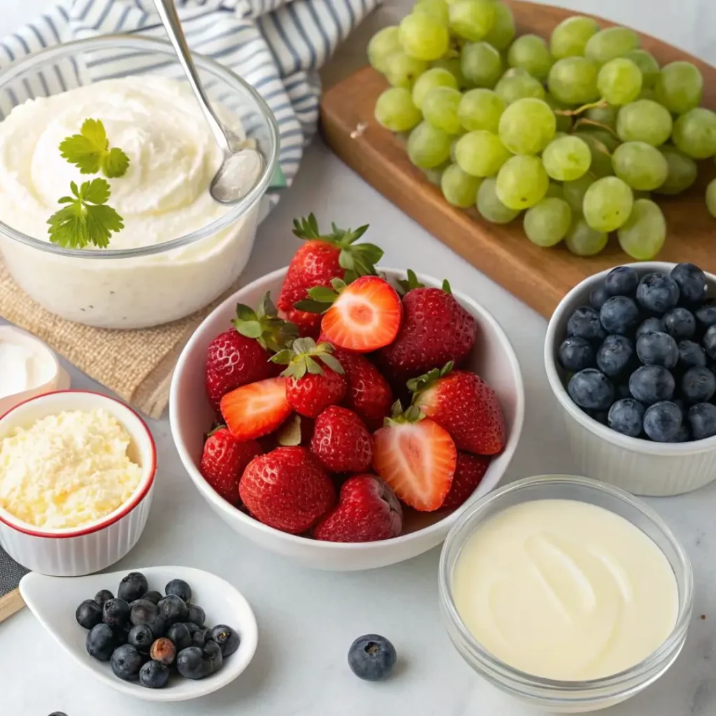 Essential ingredients for Cheesecake Fruit Salad arranged on a kitchen counter: cream cheese, instant vanilla pudding mix, milk, whipped topping, fresh strawberries, blueberries, grapes, optional marshmallows, and a lemon, under natural light