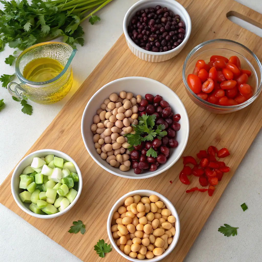 Overhead view of all ingredients for dense bean salad featuring four types of beans, fresh vegetables, herbs, feta cheese, and homemade dressing components