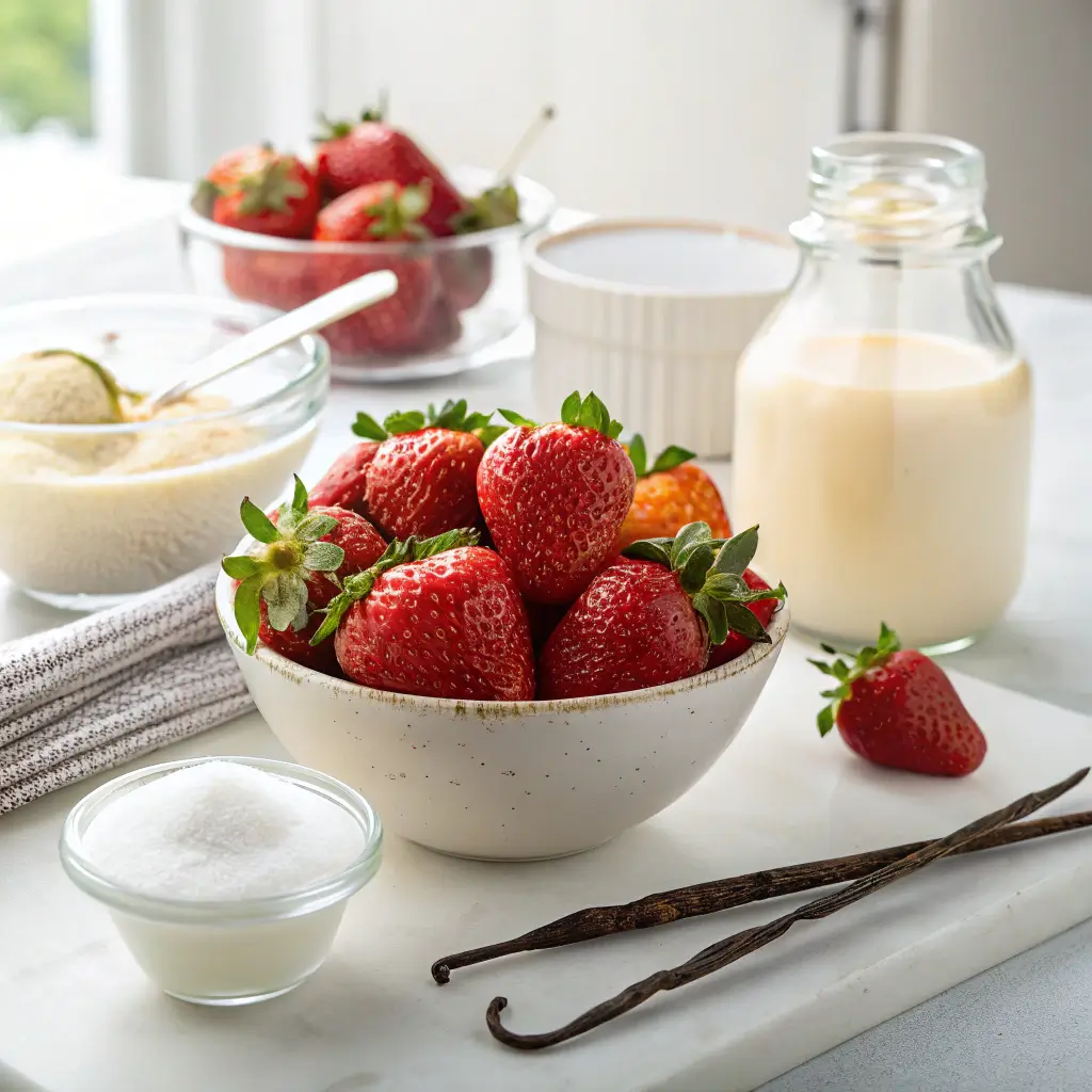 Fresh ingredients for strawberries and cream ice cream including hulled strawberries, heavy cream, sweetened condensed milk, and vanilla bean pod on a white countertop.
