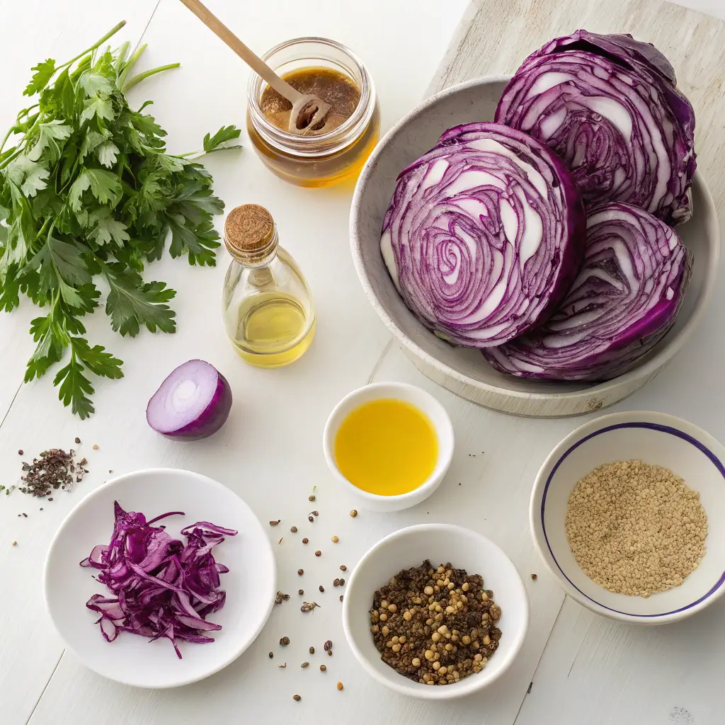 Essential ingredients for making delicious purple cabbage recipes at home.