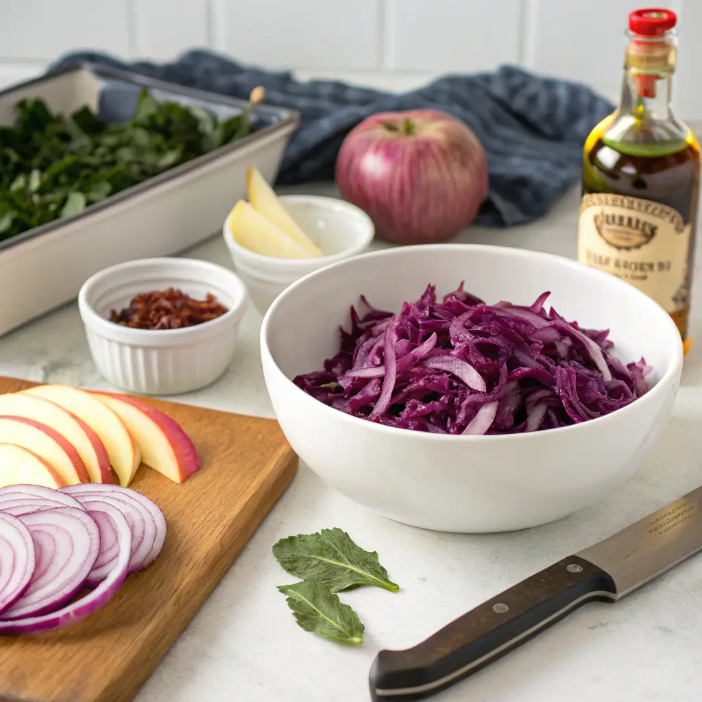 Prepped ingredients ready for making braised purple cabbage recipes