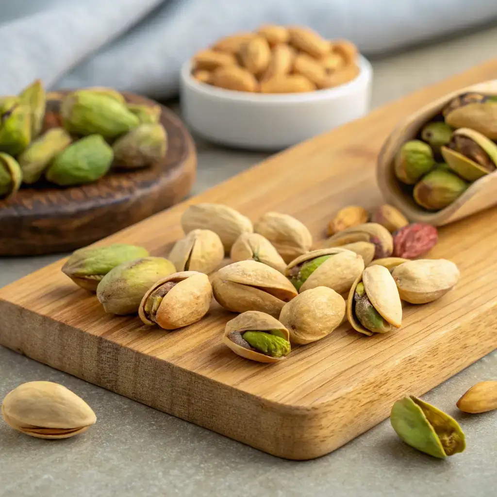 Raw and toasted pistachios ready for making homemade pistachio butter - the essential base ingredients for creamy spread