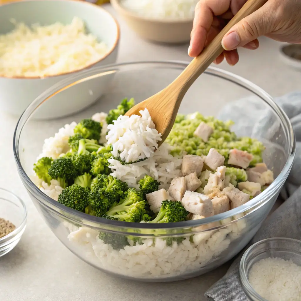 Combining rice, chicken, broccoli and onions in mixing bowl for chicken broccoli rice casserole base mixture