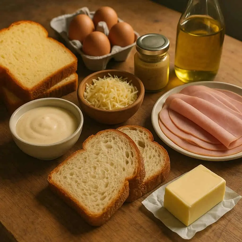 Close-up of classic and modern ingredients for Croque Madame recipe including brioche bread, Gruyère cheese, ham, béchamel sauce, eggs, and Dijon mustard on a rustic kitchen counter.