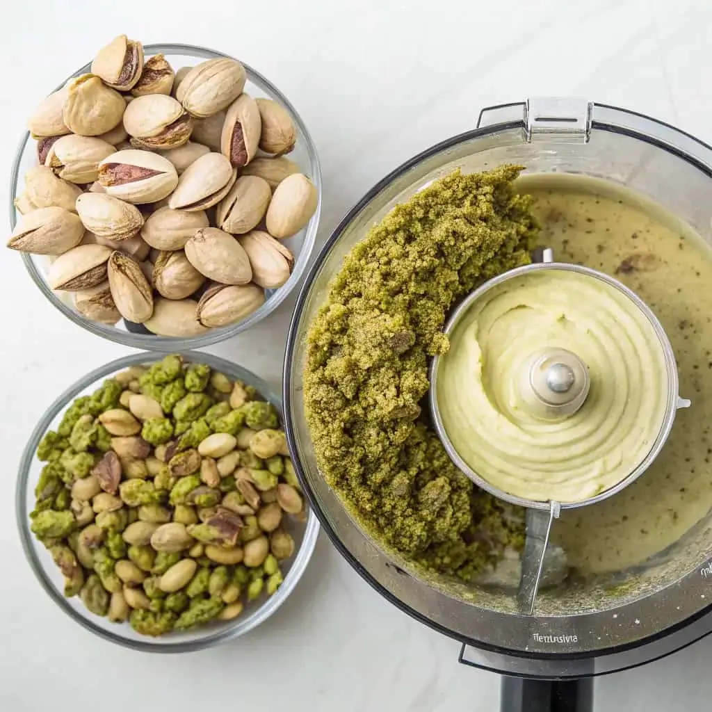 Food processor showing three stages of homemade pistachio butter transformation - from chopped nuts to finished creamy spread