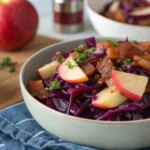 Homemade braised purple cabbage recipes with apples, bacon, and thyme – a delicious and healthy side dish recipe.