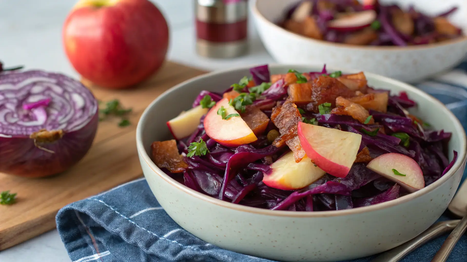 Homemade braised purple cabbage recipes with apples, bacon, and thyme – a delicious and healthy side dish recipe.