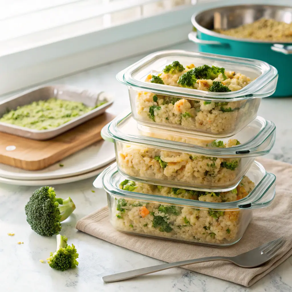 Meal prep containers being filled with leftover chicken broccoli rice casserole for refrigerator storage