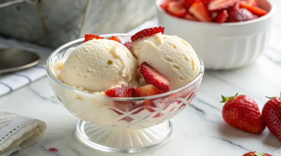 Two scoops of homemade vanilla ice cream topped with fresh sliced strawberries in a clear glass bowl Homemade Vanilla Ice Cream Recipe