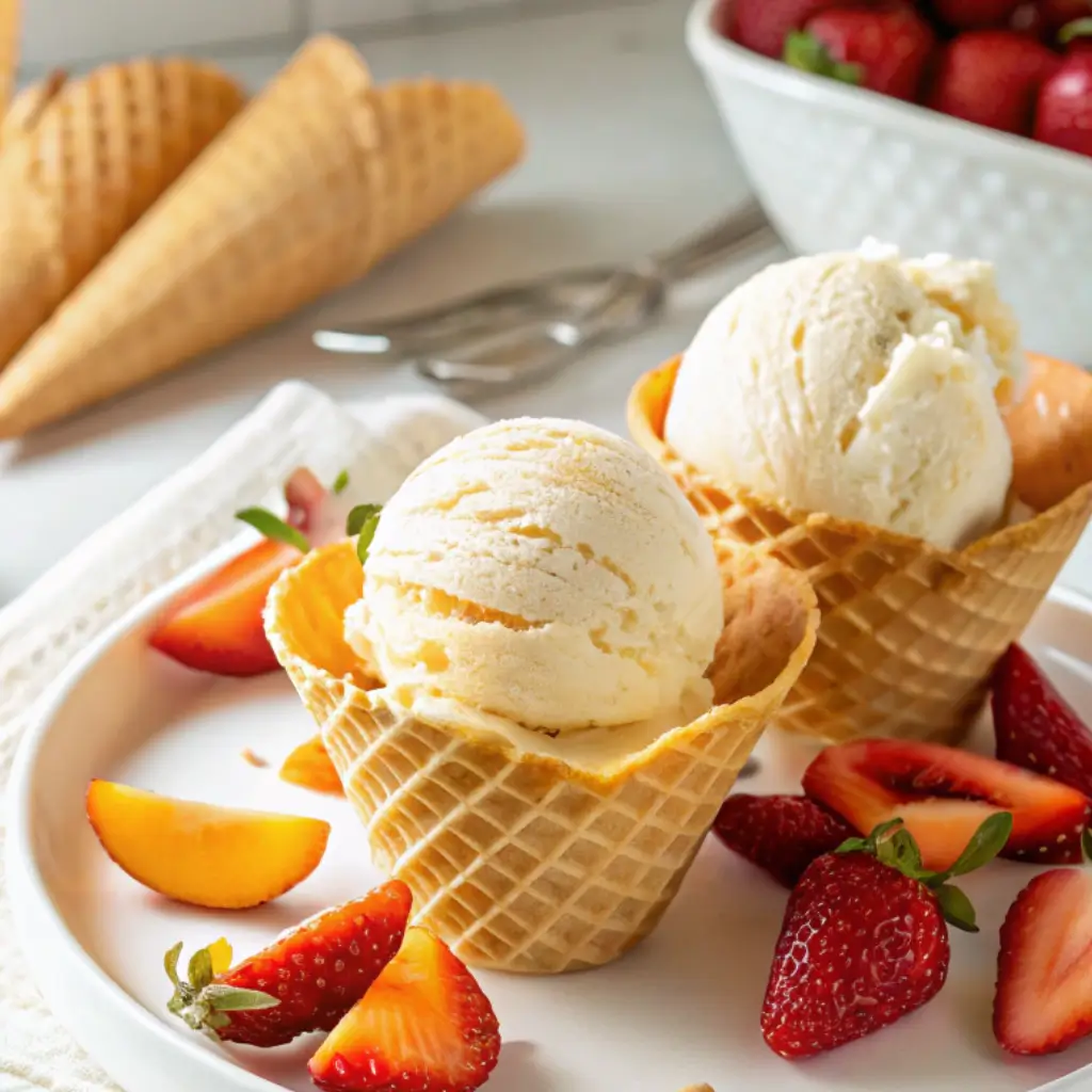 Vanilla ice cream scooped into a waffle bowl and cone, served with fresh strawberries and sliced peaches on a white plate.