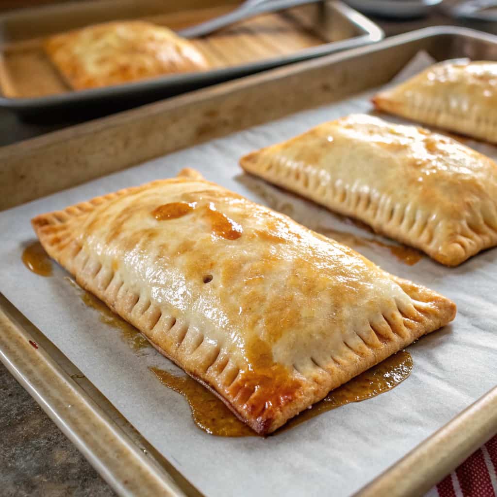 Close-up of an assembled Alabama Hot Pocket with crimped edges and glossy egg-washed pastry ready for baking.