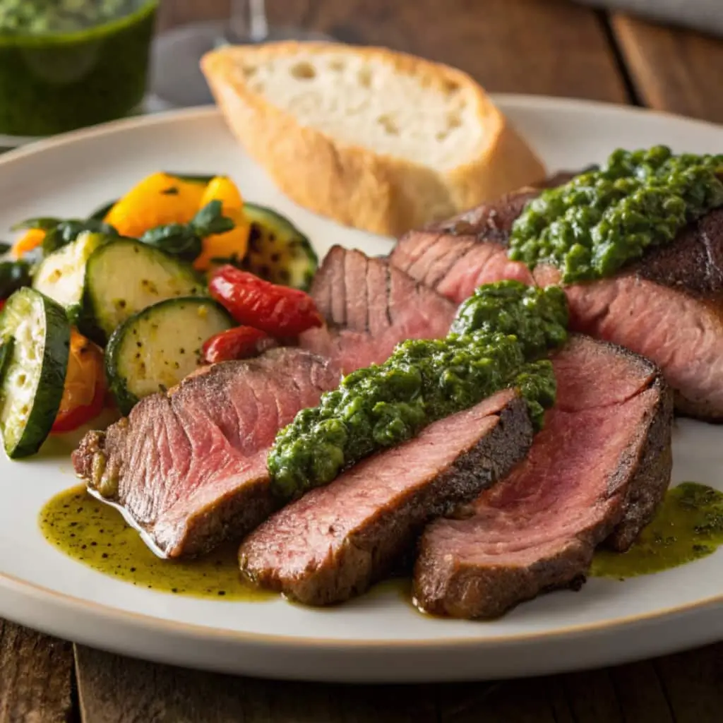 A delicious plated serving of sliced Flank Steak with Chimichurri Sauce, accompanied by grilled vegetables, crusty bread, and a glass of Malbec wine, showcasing serving suggestions.