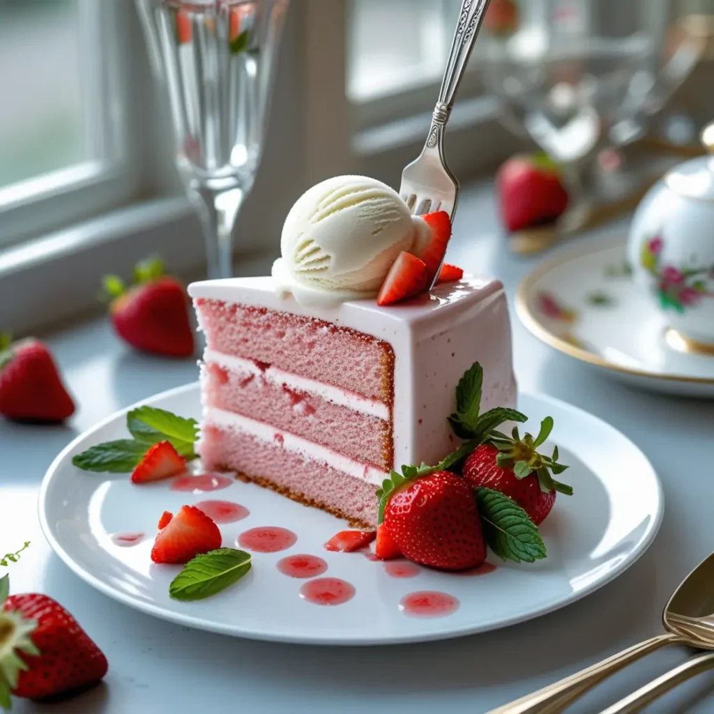 Slice of Strawberry Dream Cake served with vanilla ice cream and fresh strawberries