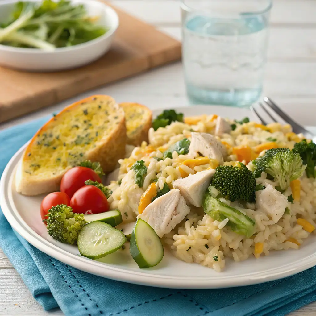 Dinner plate with serving of chicken broccoli rice casserole accompanied by garden salad and garlic bread