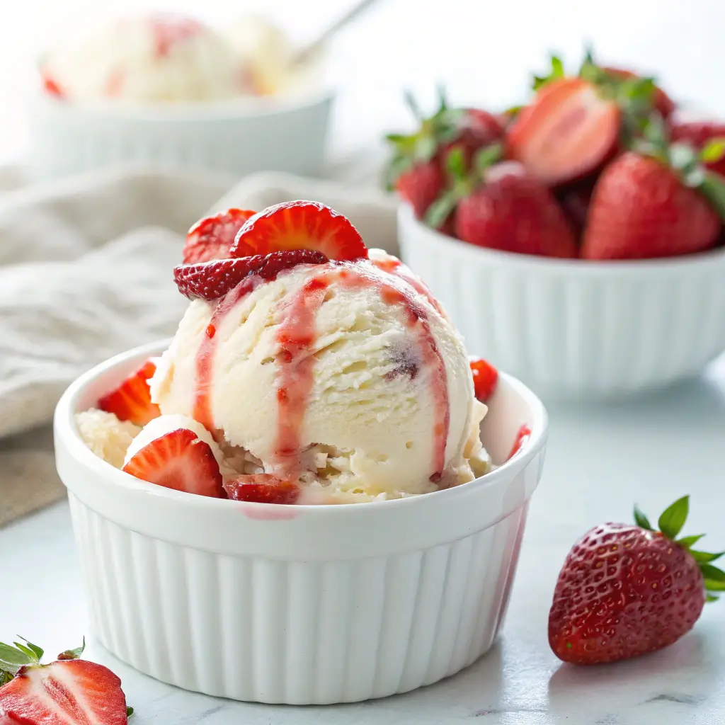 Close-up of creamy vanilla ice cream topped with fresh strawberry slices and strawberry syrup, served in a white ramekin with a bowl of whole strawberries in the background.