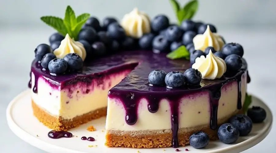 A decadent white chocolate blueberry cheesecake with a golden graham cracker crust, topped with glossy blueberry sauce, fresh blueberries, whipped cream dollops, and mint leaves.