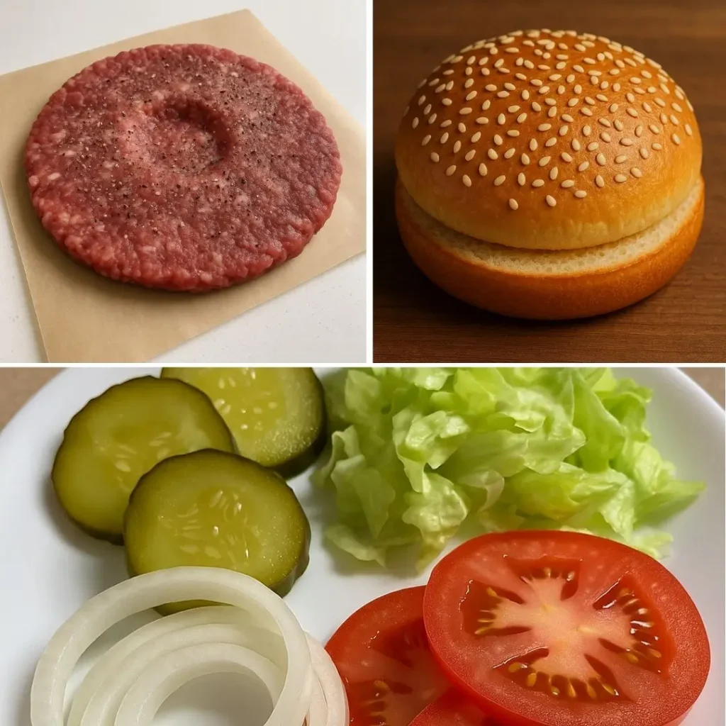 Uncooked beef patty, sesame seed bun, and fresh vegetables arranged for making a homemade Burger King Whopper